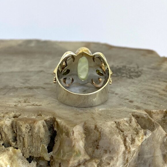 Michou Sterling Silver 925 Vermeil Oval Prehnite Peridot Scrollwork Ring Sz 6.25 - Picture 8 of 16